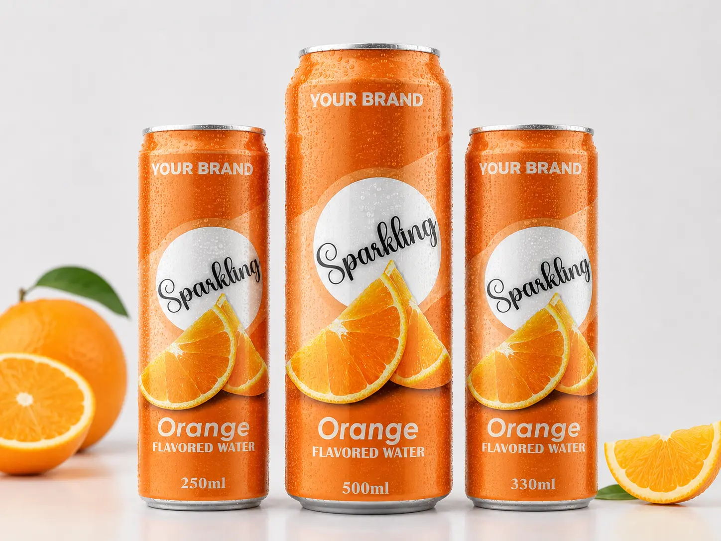 SPARKLING FLAVORED WATER Orange 250ml, 500ml and 330ml cans with fresh orange slices.